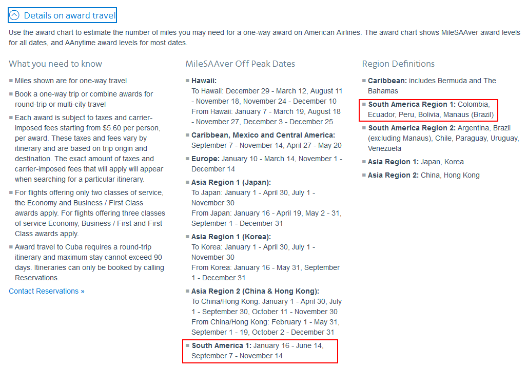 booking off peak american airlines awards to south america travel aadvantage miles redeem chart