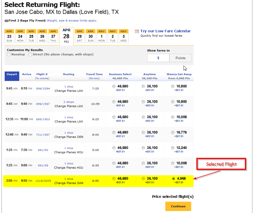 SW return flight Travel Miles 101