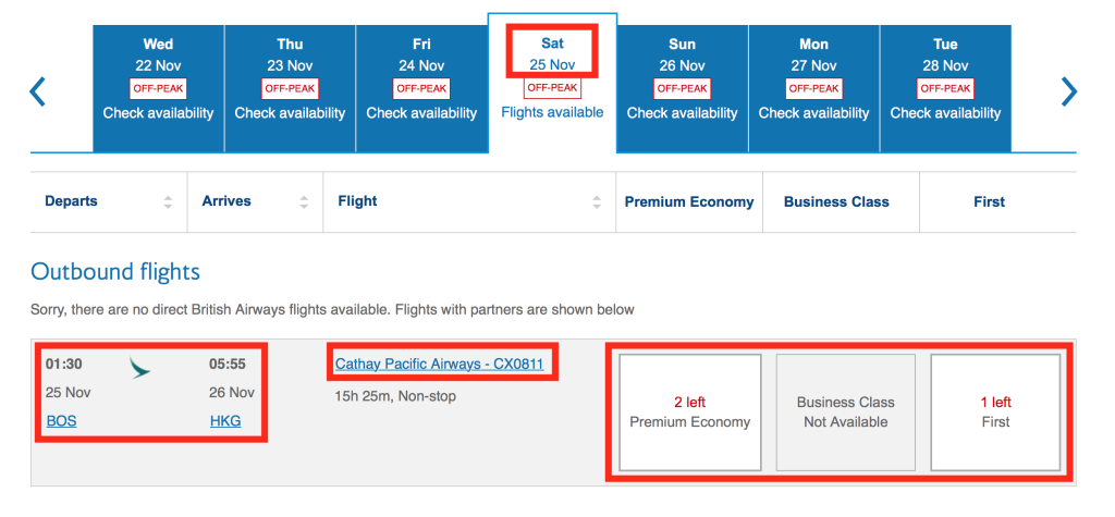 Available Cathay Pacific Flights using Miles