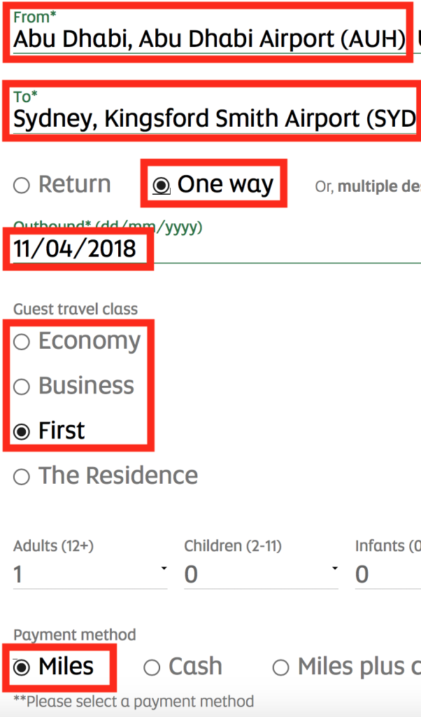 Search Etihad Airways Award Flights